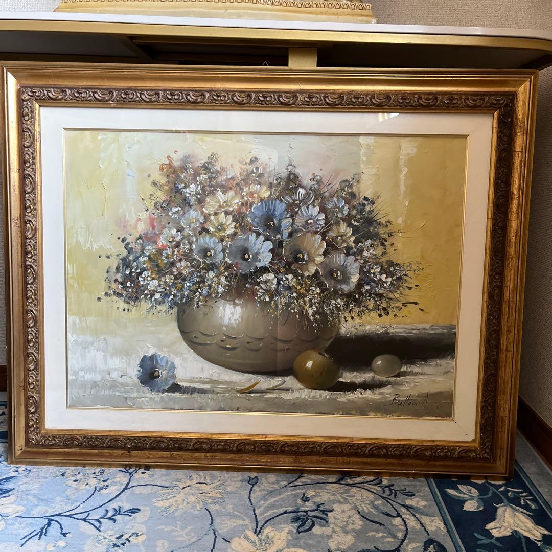 【更に値下げしました】花瓶の花 油彩画 大きめ 金色フレーム