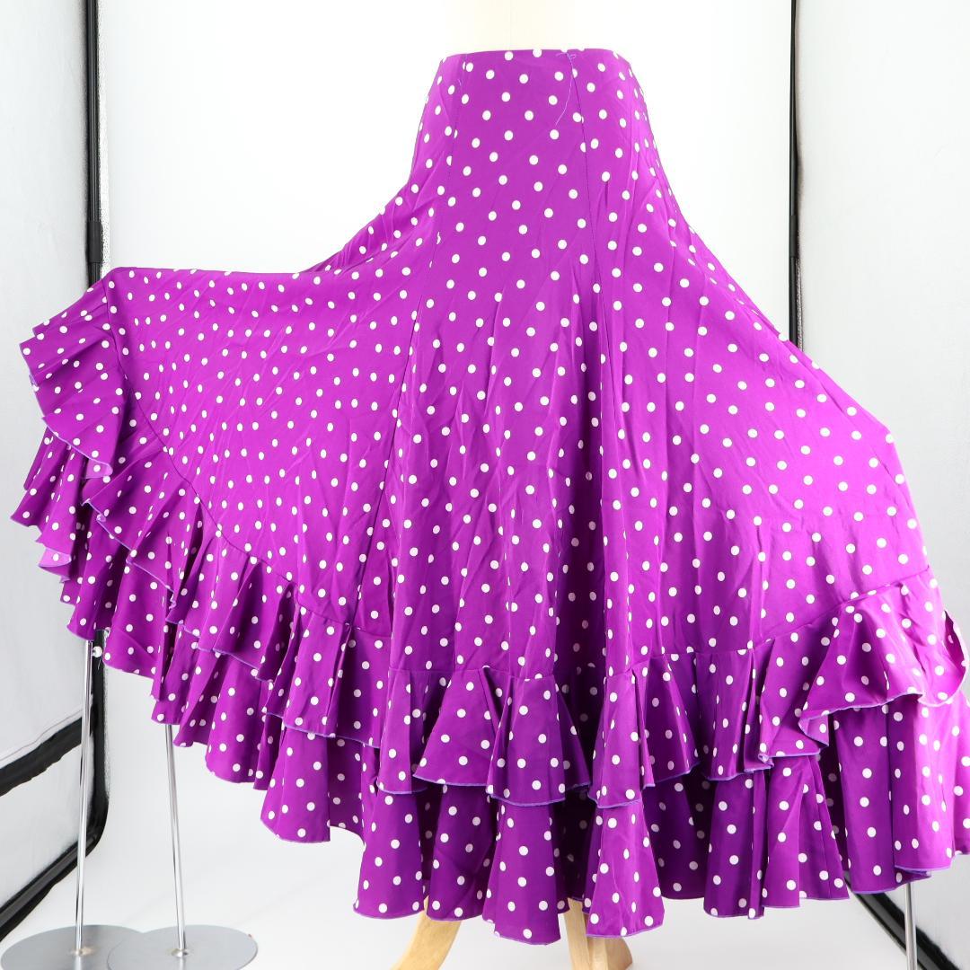 日本製 フラメンコ衣装】鮮やかパープル×水玉 ファルダ 大きく広がる裾