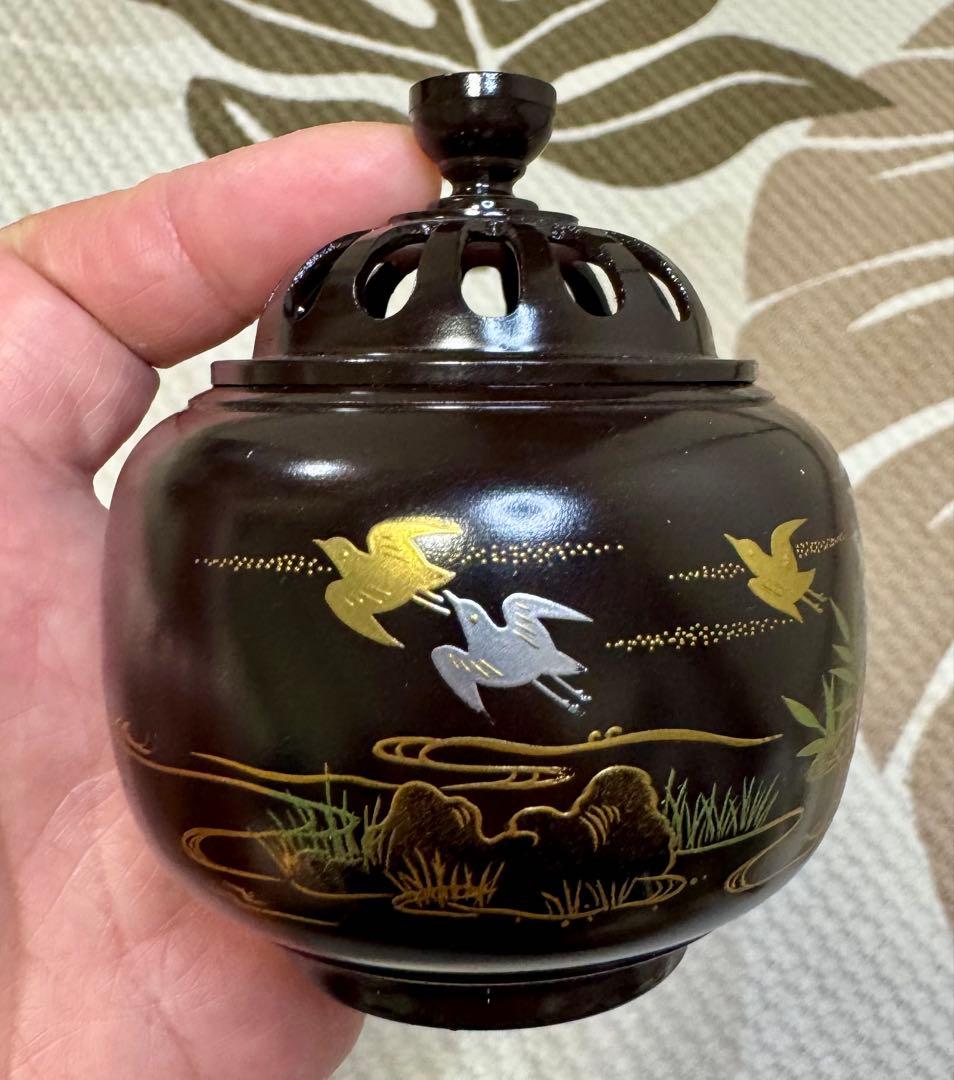 《 新品 》高岡銅器 香炉 玉胴型 波千鳥 蒔絵仕上 正晴堂 宏一作