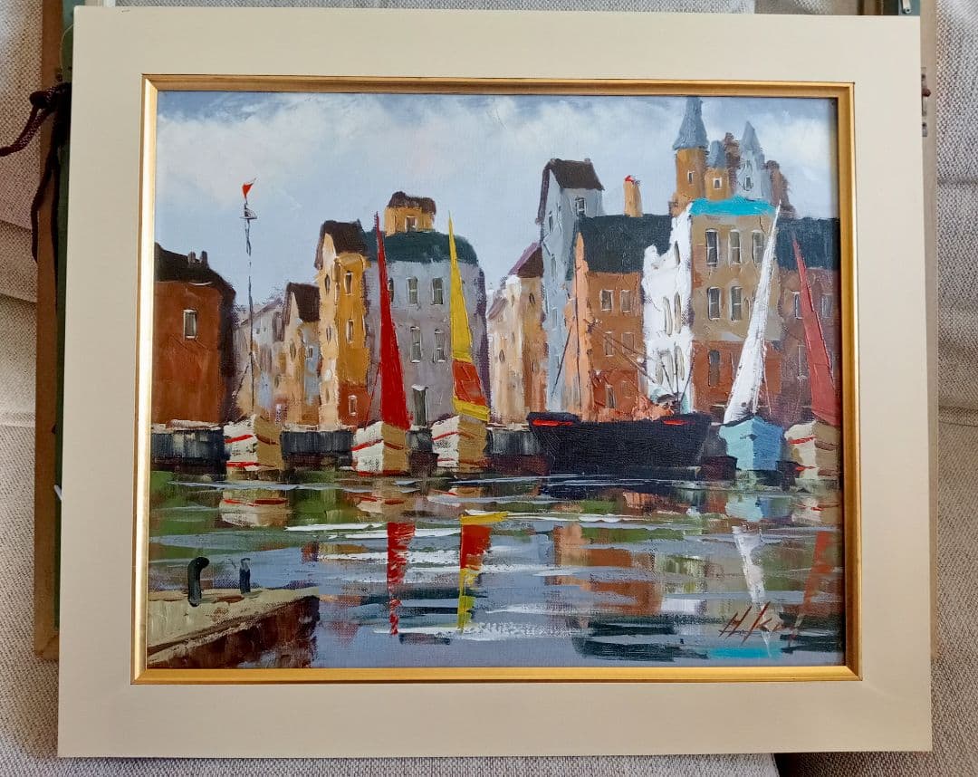 額縁付 1点物 油彩画 黒沢久 風景画『オンフルール』56 × 63cm