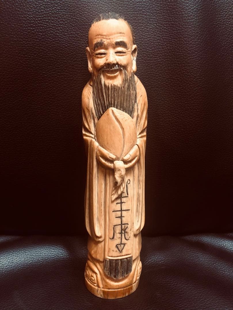 天然素材 唐物 象牙調　中国清代 寿老人 仏像 置物 骨董 古美術 ▽O 骨董 ｜樹脂製 象牙風 オブジェ 飾物｜斎谷 ？斉谷 ｜ 一本彫 細密