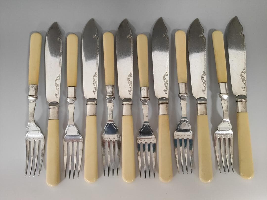 英国製 純銀P フェイクボーンハンドル ナイフ フォーク 12本 (L10)