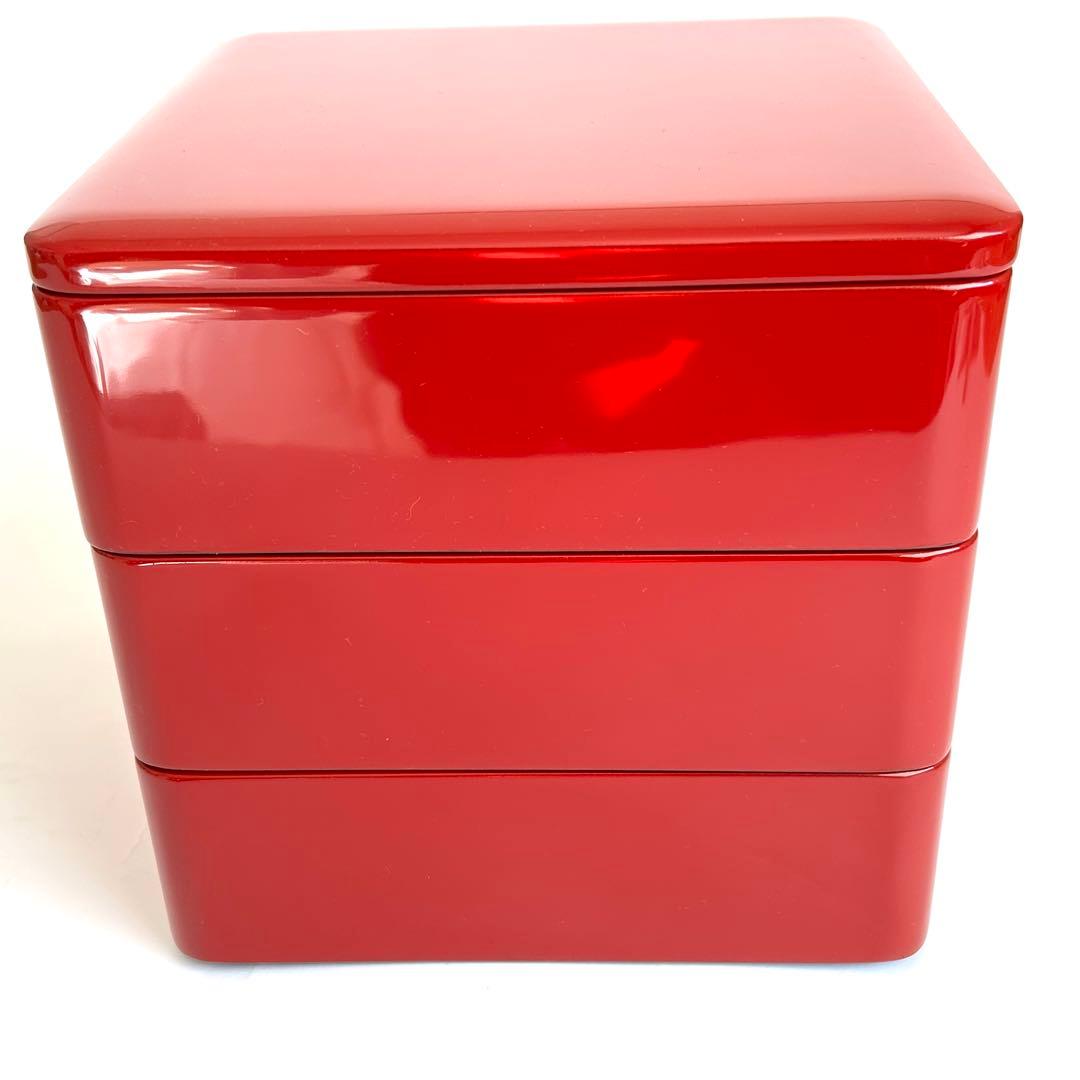 【美品】漆器 木製 漆塗り 重箱 三段重箱 三段重 お重 赤 日本製 モダン