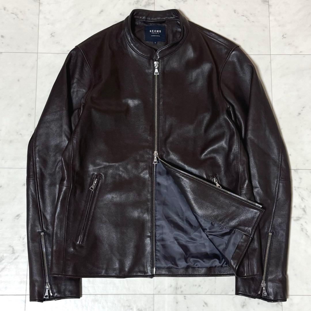 美品 BEAMS HEART シングルライダースジャケット ラムレザー L BEAMS HEART（ビームスハート）の「リアルレザー シングルライダース