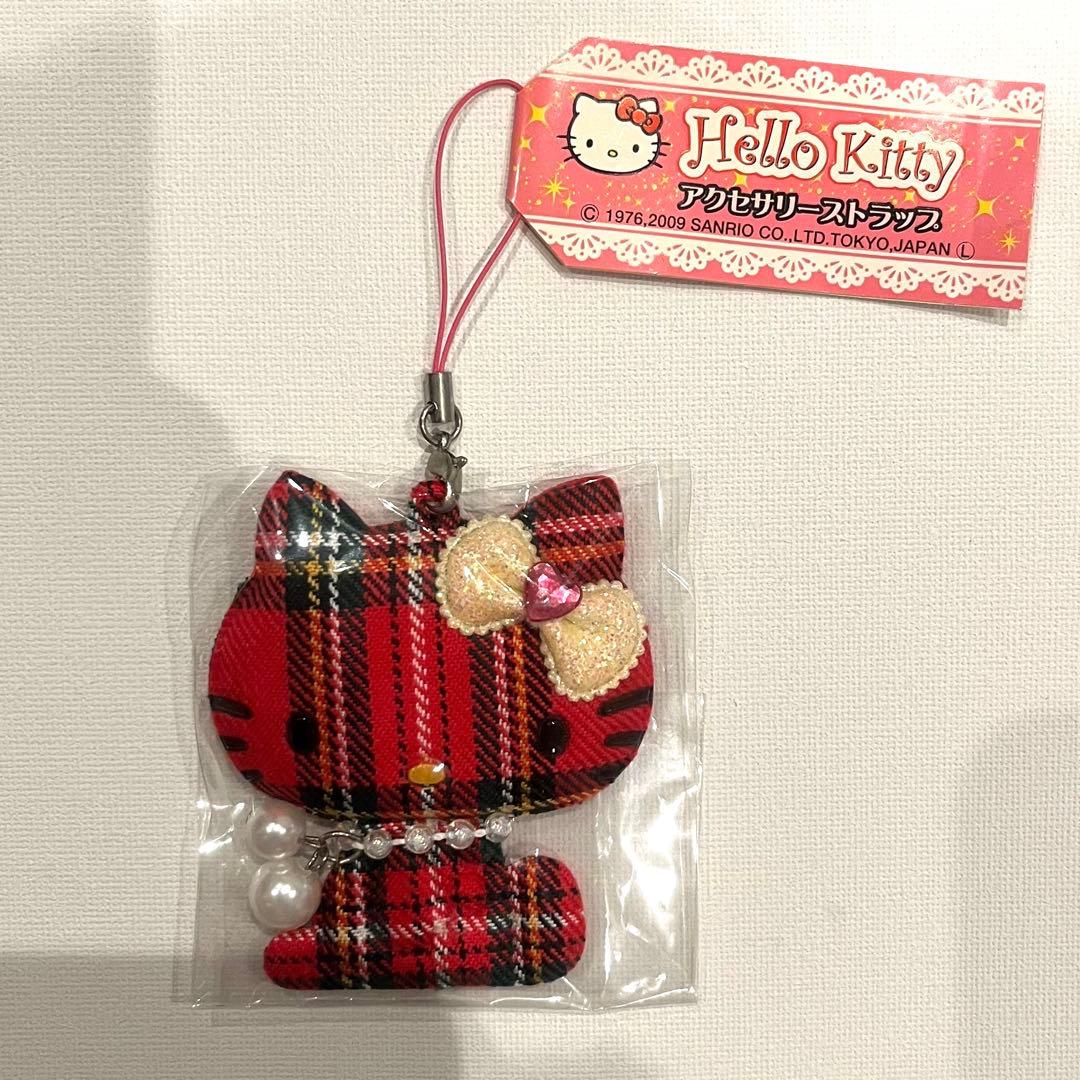 ハローキティ　チェック柄　ストラップ　レア