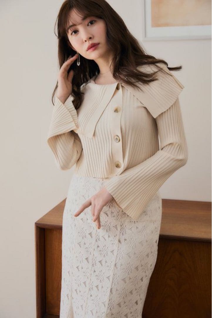 Herlipto big collar ribbed knit top ecru - メルカリ