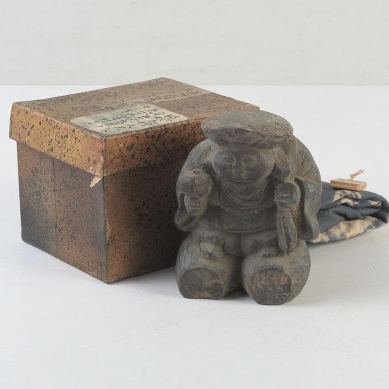 時代木彫　大黒天像　置物　書付時代箱　V　9877