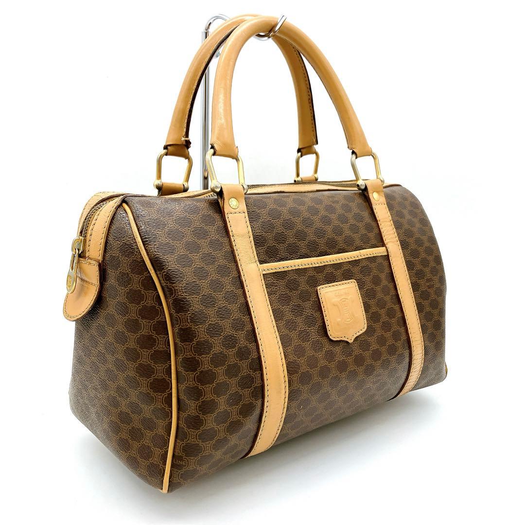 【CELINE】ミニボストンバッグ　マカダム柄　ゴールド金具　PVC ブラウン