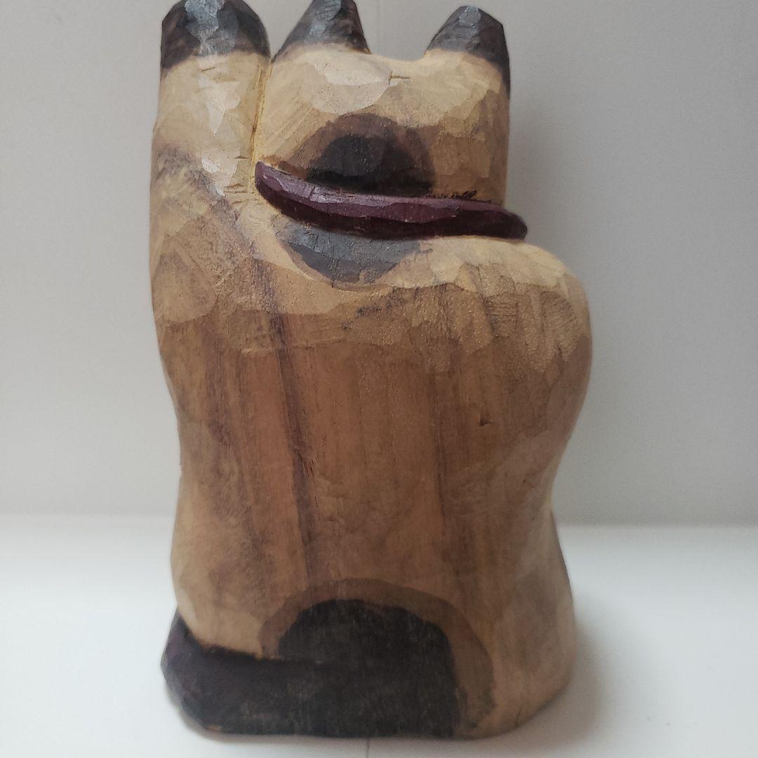 招き猫 松田一戯 作 但馬木彫 置物 木彫り 共箱付 経歴書付 新品 1体