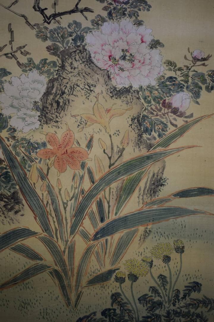 真作/山本梅逸/四季草花小禽図/桐太巻箱付/布袋屋掛軸HH-861