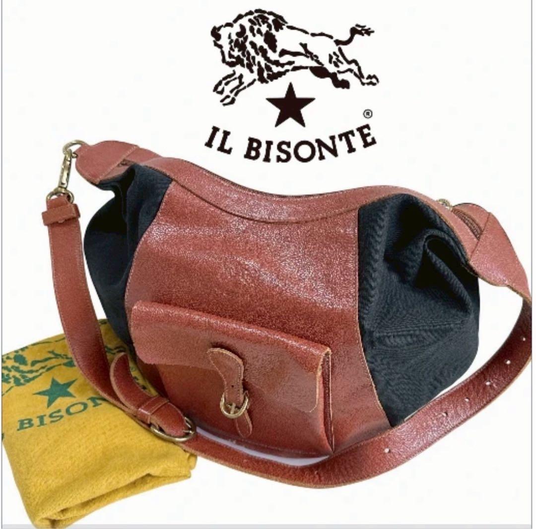 【美品】　IL BISONTE ショルダーバッグ レザー×キャンバス ブラウン