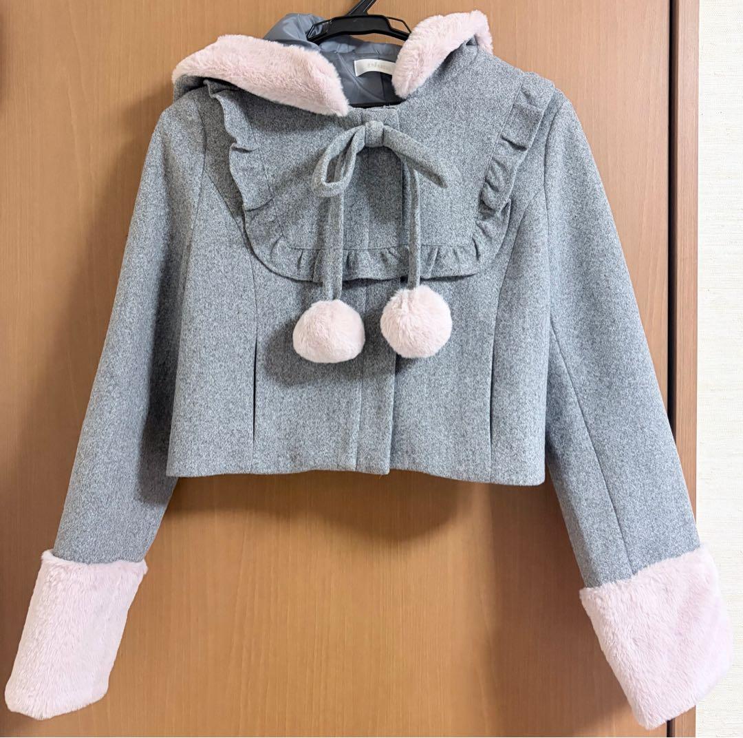 pium ファーリボンヨークフリルショートコート グレー 量産型 地雷系