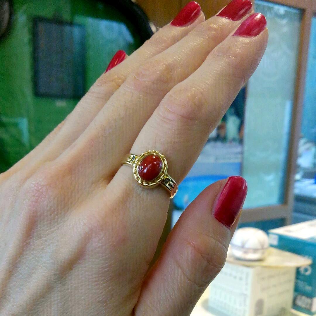 血赤珊瑚K18リング 3.4g 14号ダイヤ0.01
