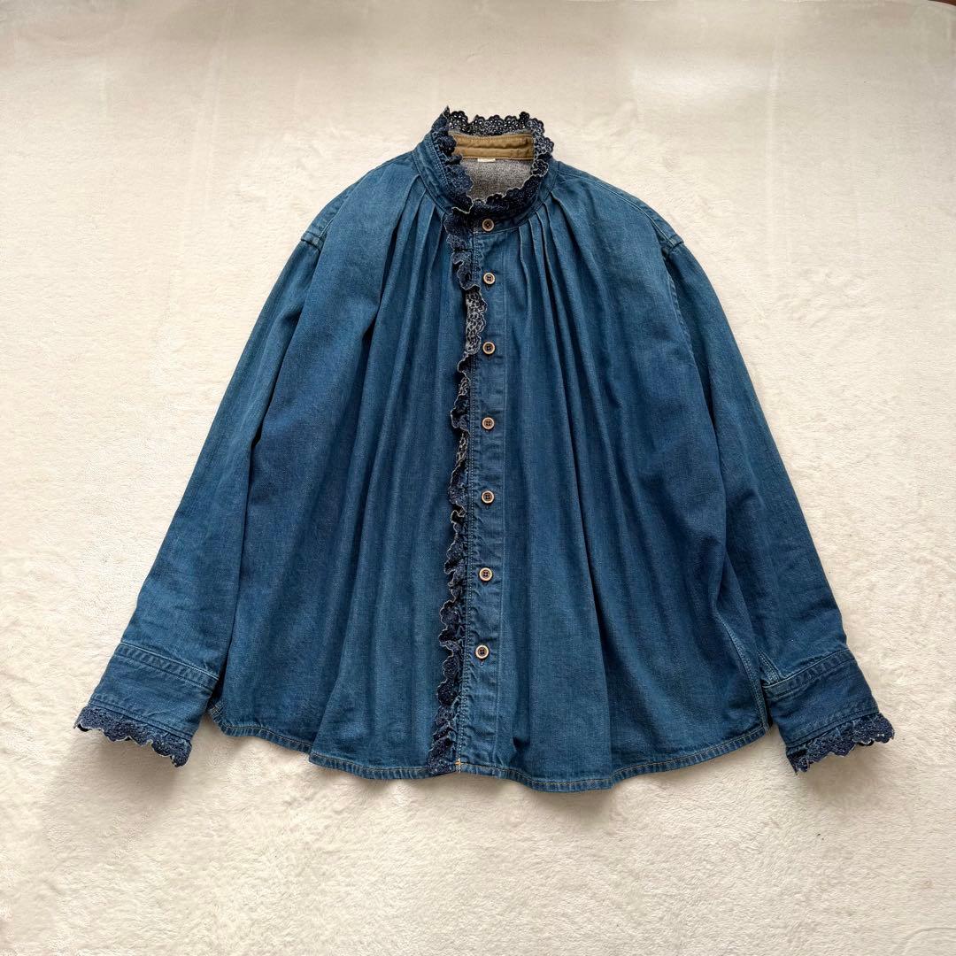 45R デニム インディゴ シャツ カットワークレース スタンドネック フリル襟