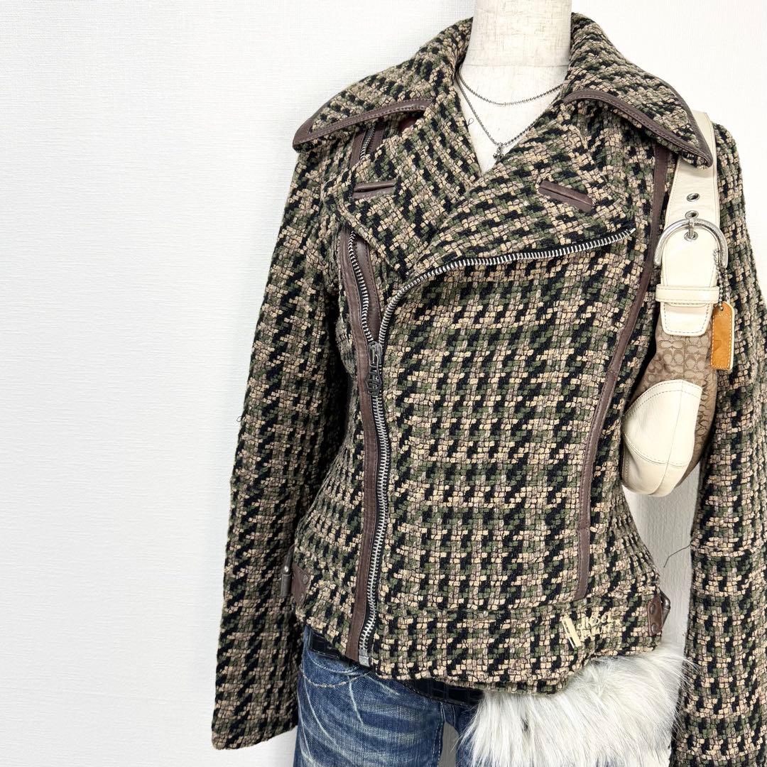 y2k❤️00s DIESEL ロゴ 刺繍 ツイード ライダースジャケット 旧タグ