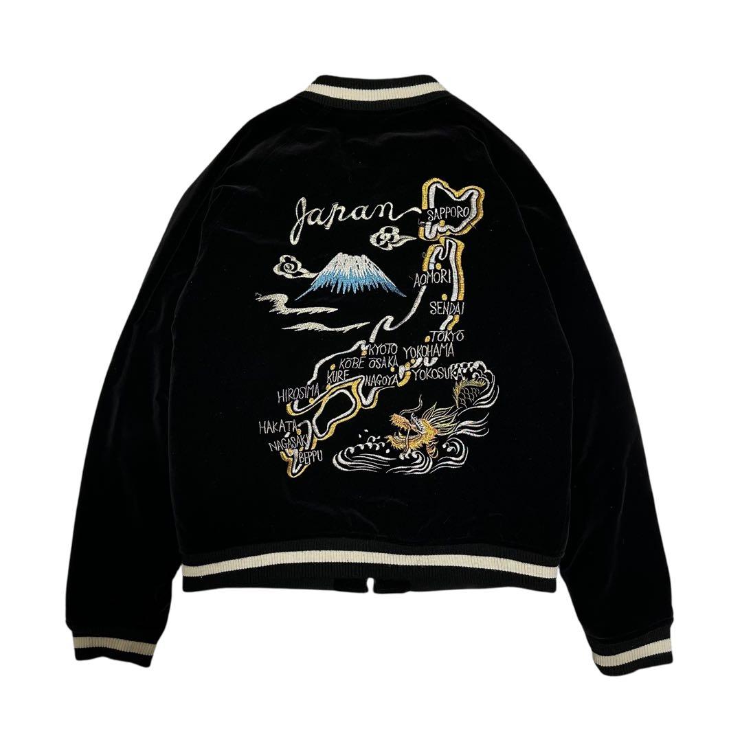 スカジャン　別珍　ベロア　ブラック　刺繍　日本地図　富士山　ドラゴン　Lサイズ