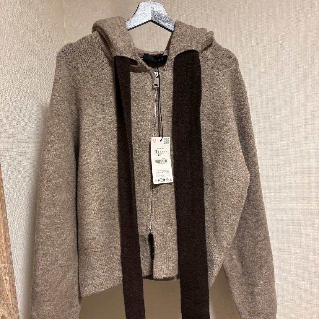 ZARA フード付きタイベルトニットカーディガン - メルカリ