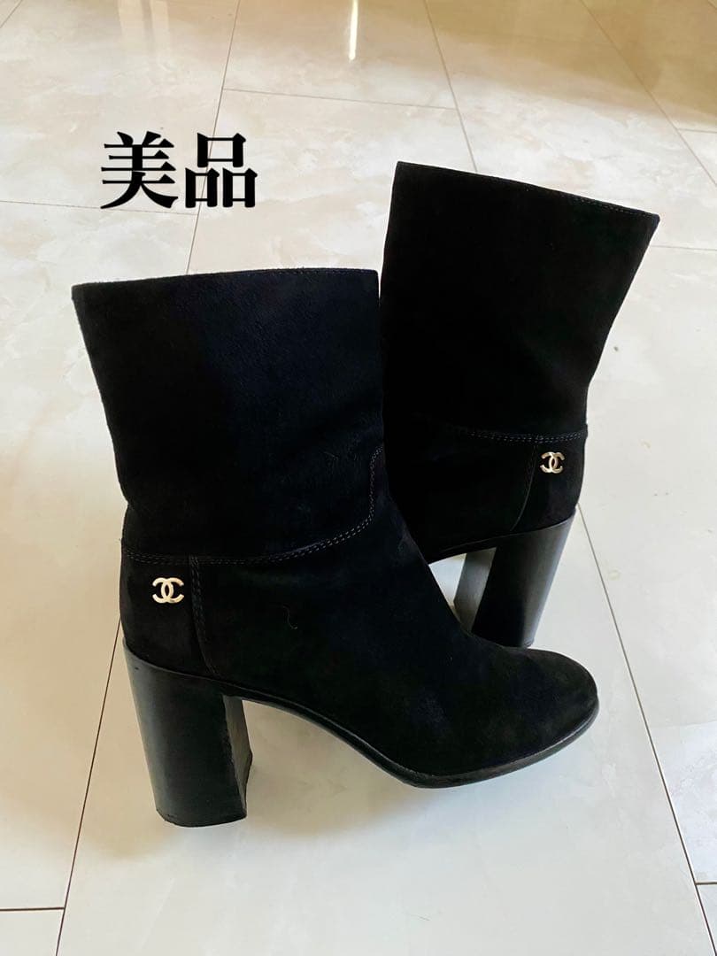 美品 シャネル ブラック ショート ブーツ 黒 38 24.5cm CHANEL