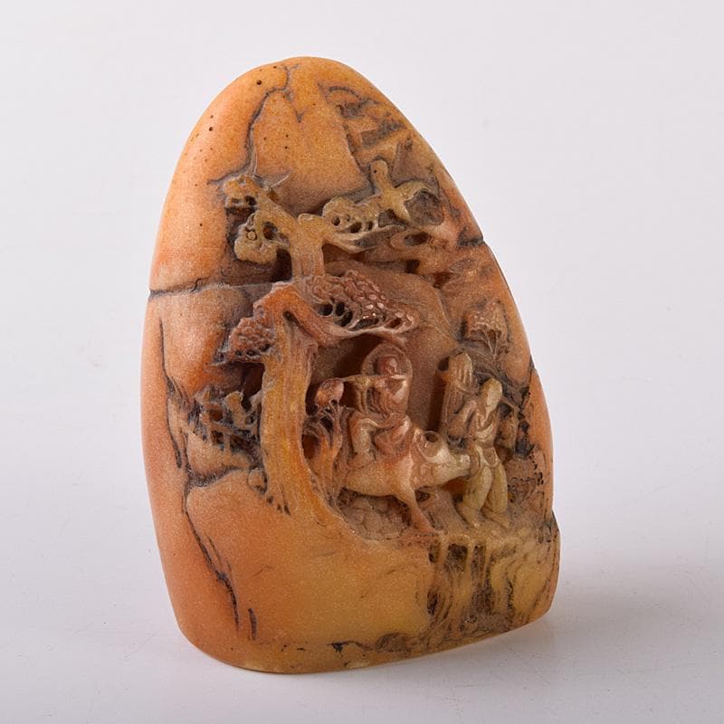 中国　篆刻　玉石田黄石彫刻　山水人物刻　印材　置物　V　7781