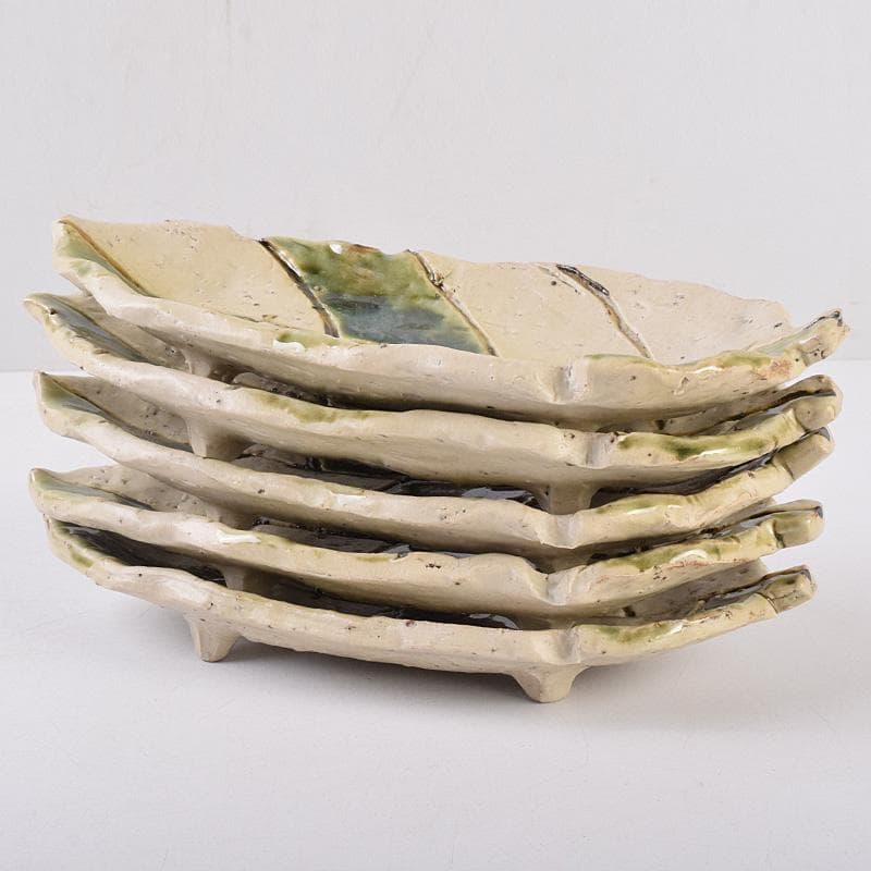 北大路魯山人作 織部焼 木之葉皿 五客 共箱 U R8974