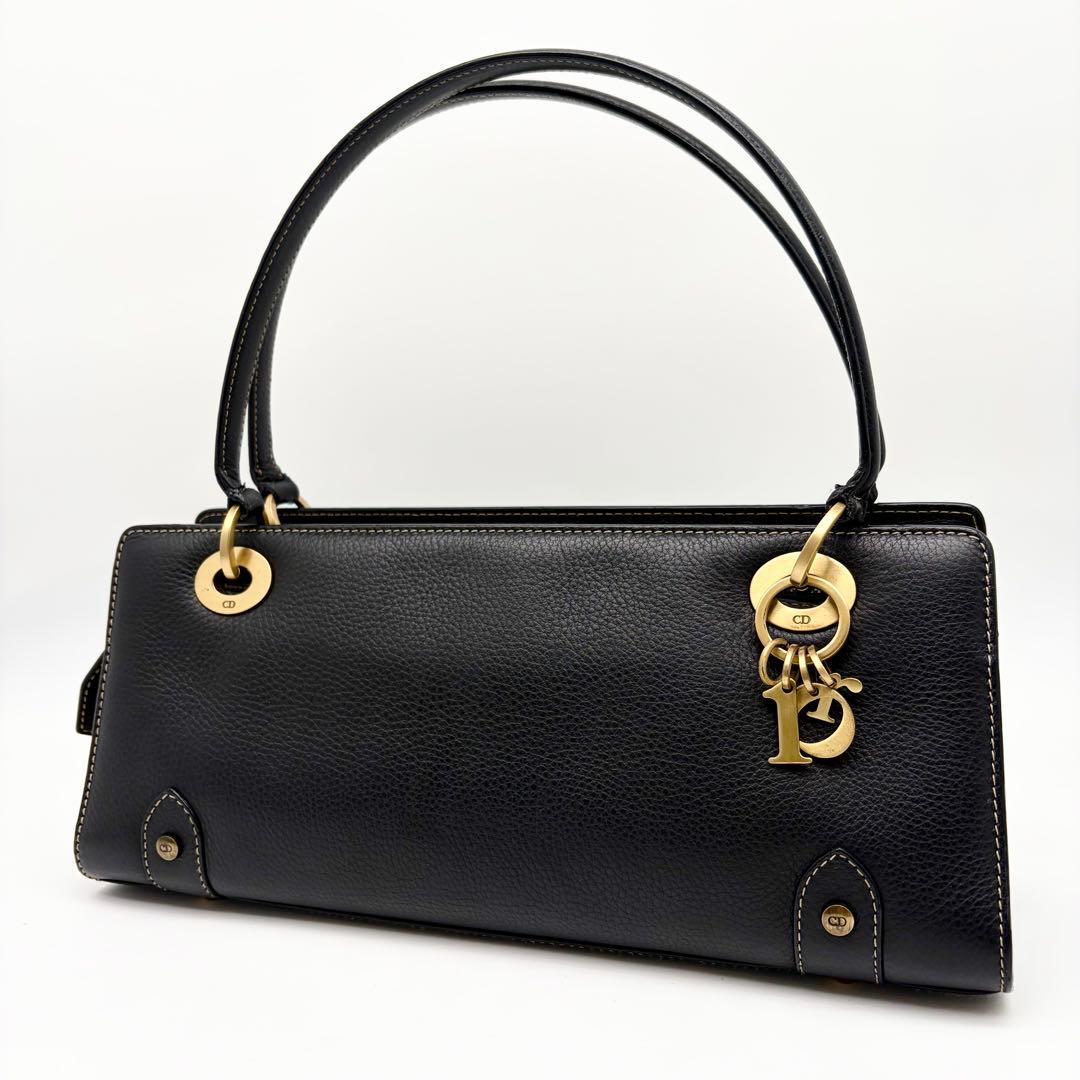 【美品】クリスチャンディオール レザーハンドバッグ 横長 鍵付き ブラック
