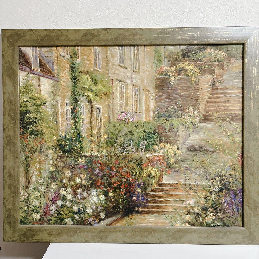 【美品】ロンゴ『パティオガーデン 階段と花壇』風景画 額装 大型 縦76×横91