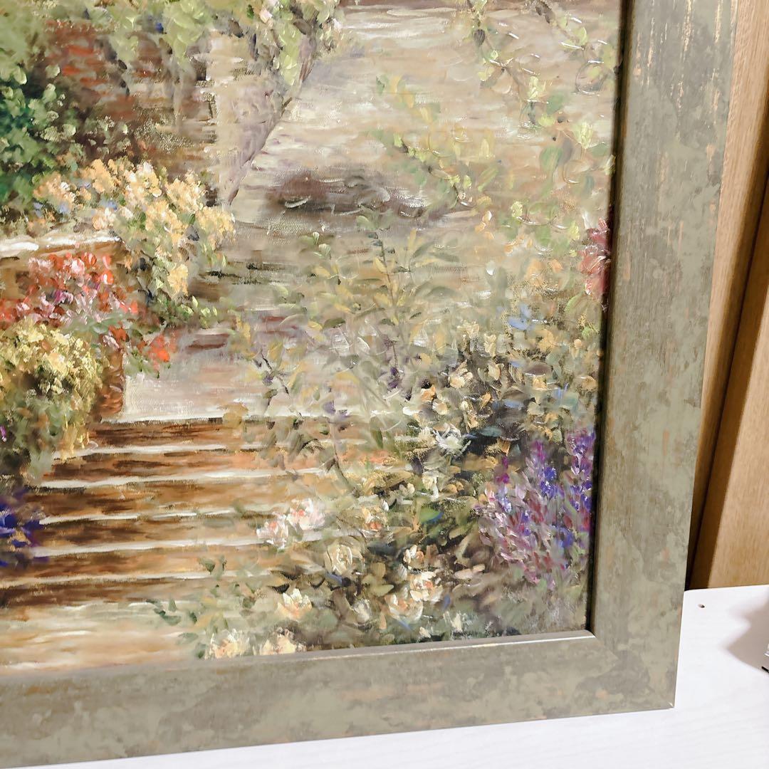 美品】ロンゴ『パティオガーデン 階段と花壇』風景画 額装 大型 縦76