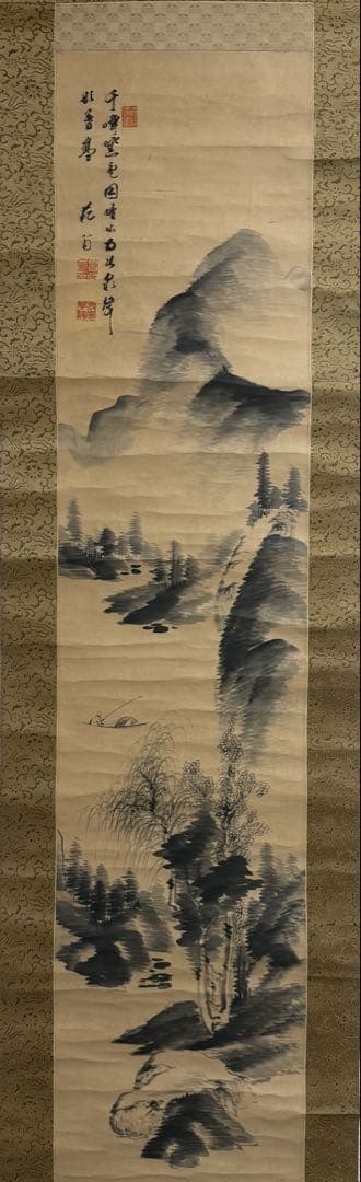 東艶斎花翁？ 紙本肉筆 水墨山水 海堂蔵記載箱付 掛軸 送料込み260118