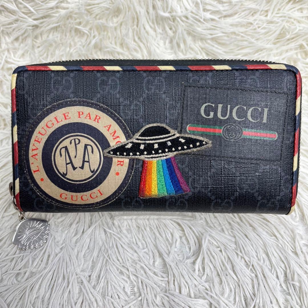 美品】グッチ 長財布 ラウンド ナイトクーリエ GGスプリーム ワッペン