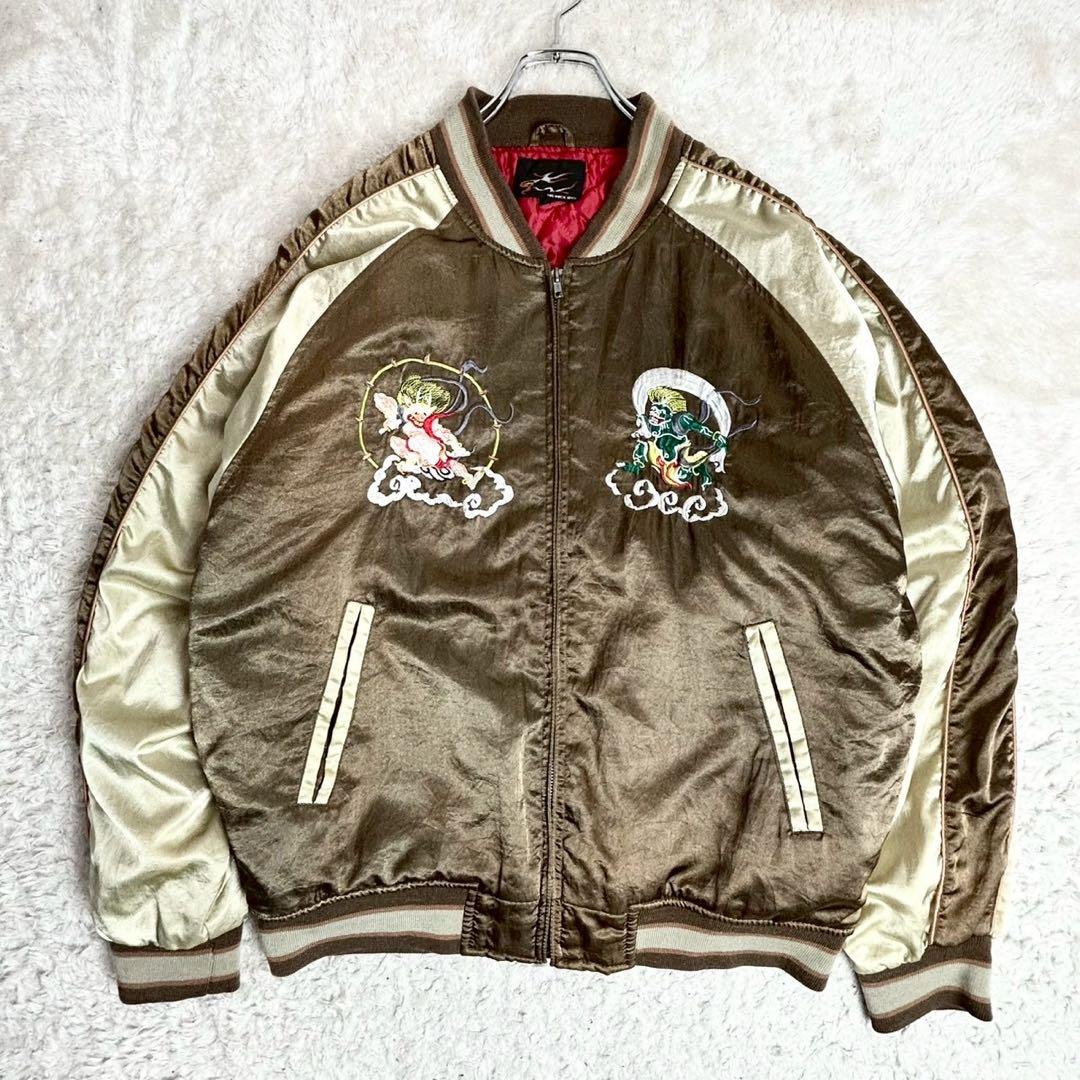 MS:NICK SIXX 風神雷神 スカジャン 刺繍 ブラウン中綿 サテン生地L