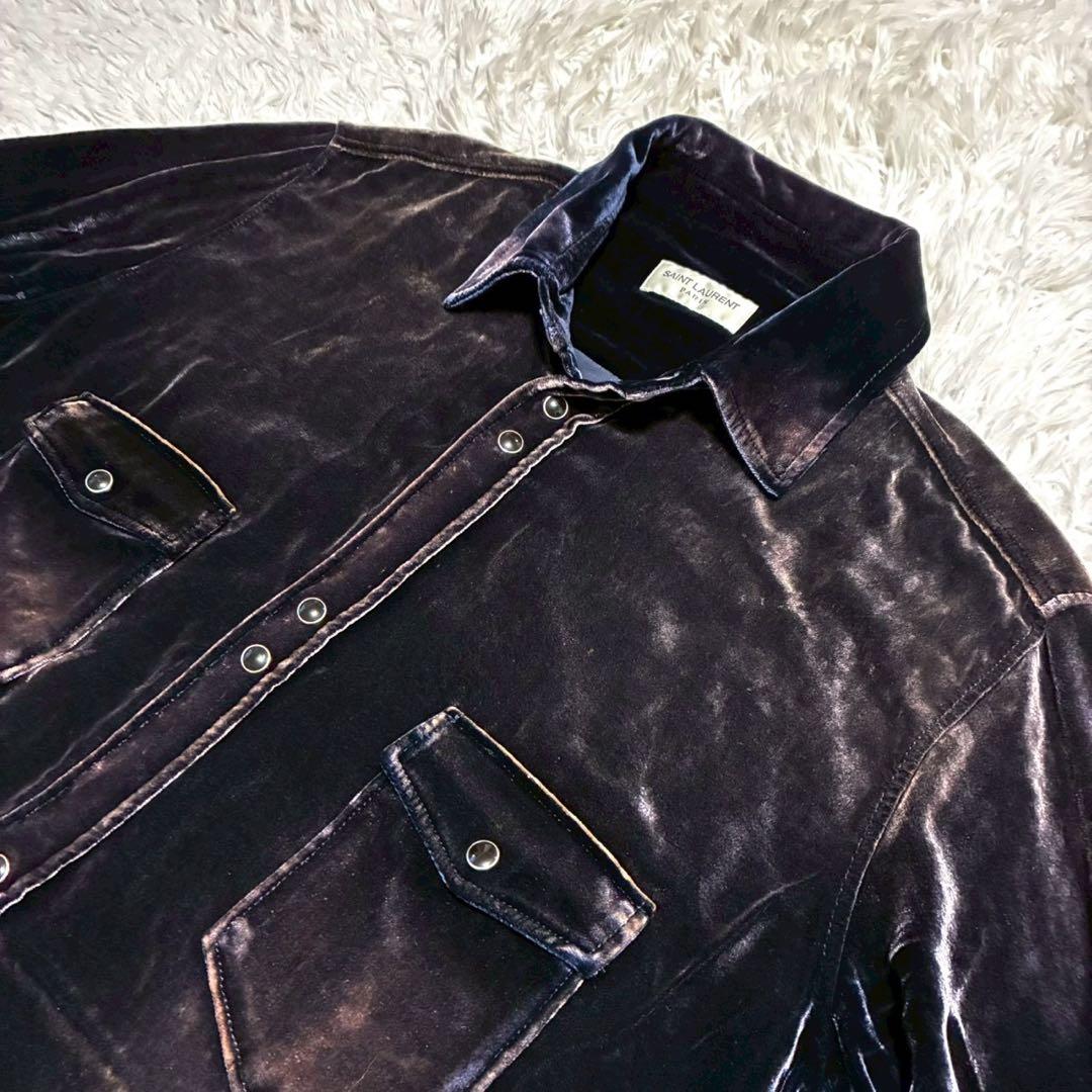 XL⭐️SAINT LAURENT 長袖シャツジャケット　ベロア　光沢感　黒系