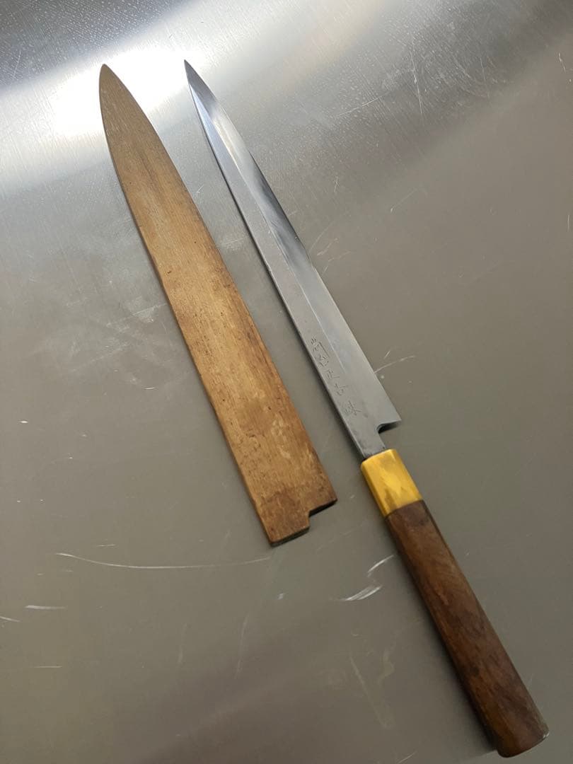 尚台正吉 鍊 本焼　青鋼　尺寸　テッサ包丁　柳刃包丁 黄花梨包丁柄 尚台正吉 本焼 柳包丁 人工大理石巻鉄刀木水牛八角柄｜買取実績 - リファン