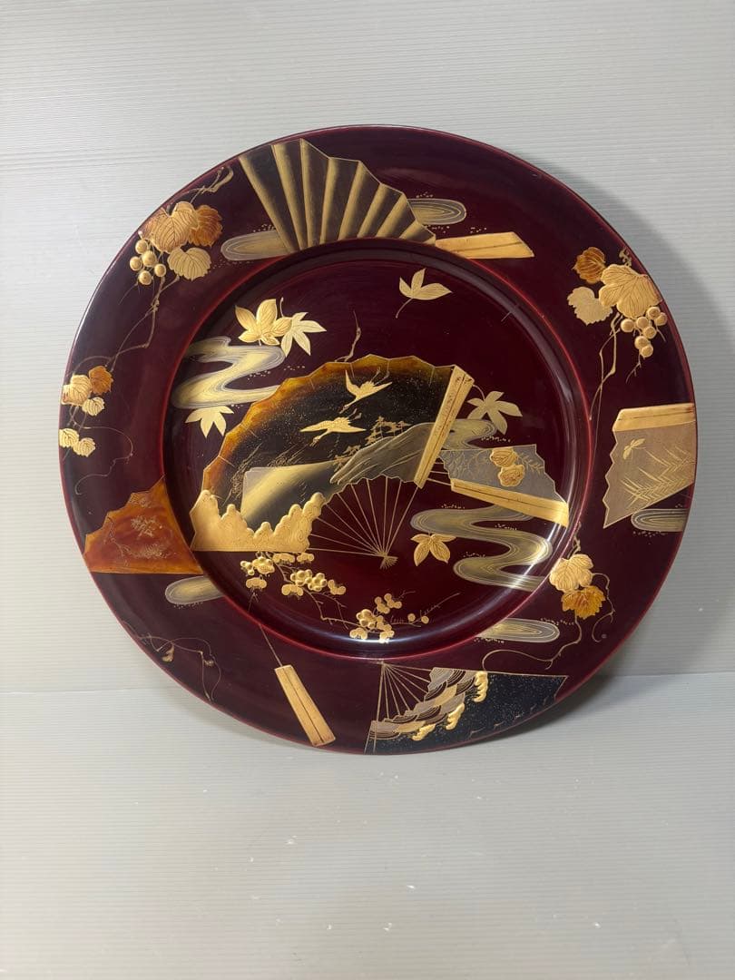 2440 木製金蒔絵　鶴扇果実文　大皿 丸皿 飾皿  37cm  時代物 伝統工芸「蒔絵」で日本の美を描く飾皿 ｜ 宮内庁御用達 漆器 山田平安堂