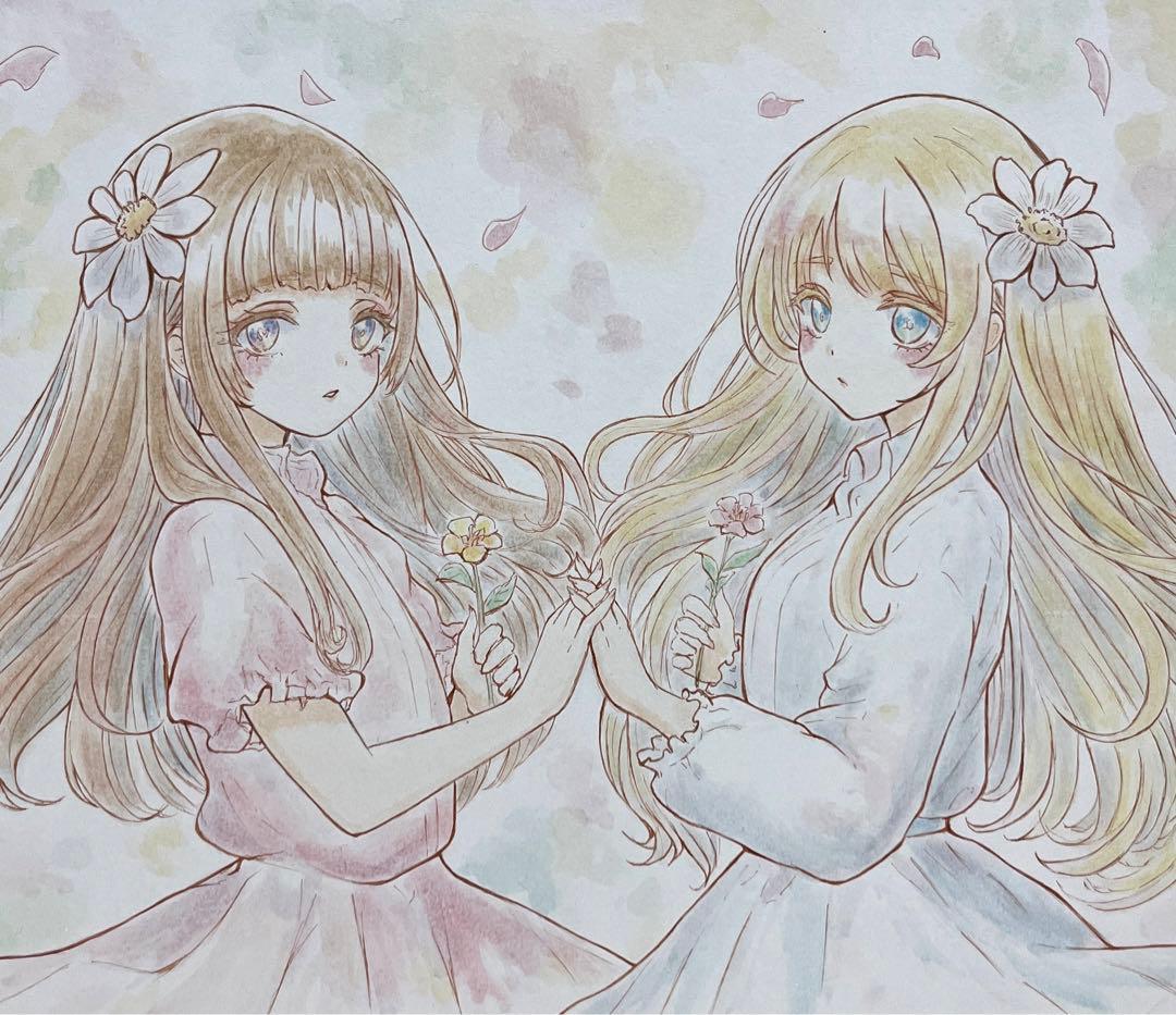 手描きイラスト オリジナル 水彩イラスト 向かい合う2人の少女 - メルカリ