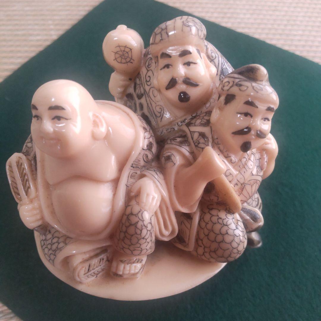 置根付 Netsuke★ 七福神三福神 極細工 精密彫刻 雅俊作 美品‼️乳白色