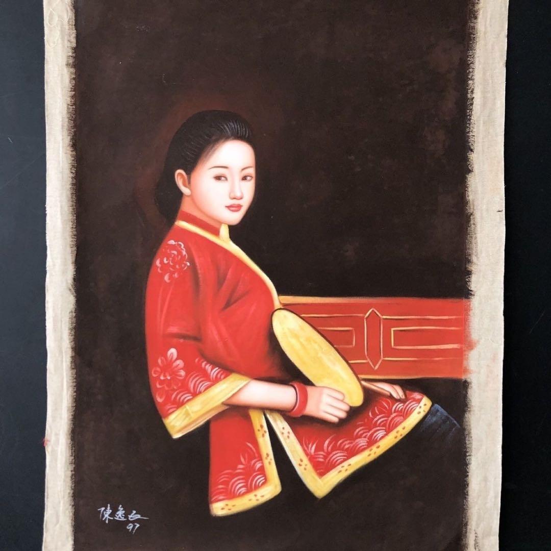 純手描き 油画 人物画 陳逸飛 作品図 中国絵画 約104×74cm 未表装