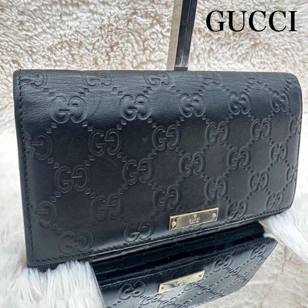 ✨美品✨グッチ　長財布　二つ折り財布　GG柄 ロゴプレート　レザー　黒 GUCCI（グッチ） 2つ折り長財布 035・1408・2097 ブラック ピグスキン