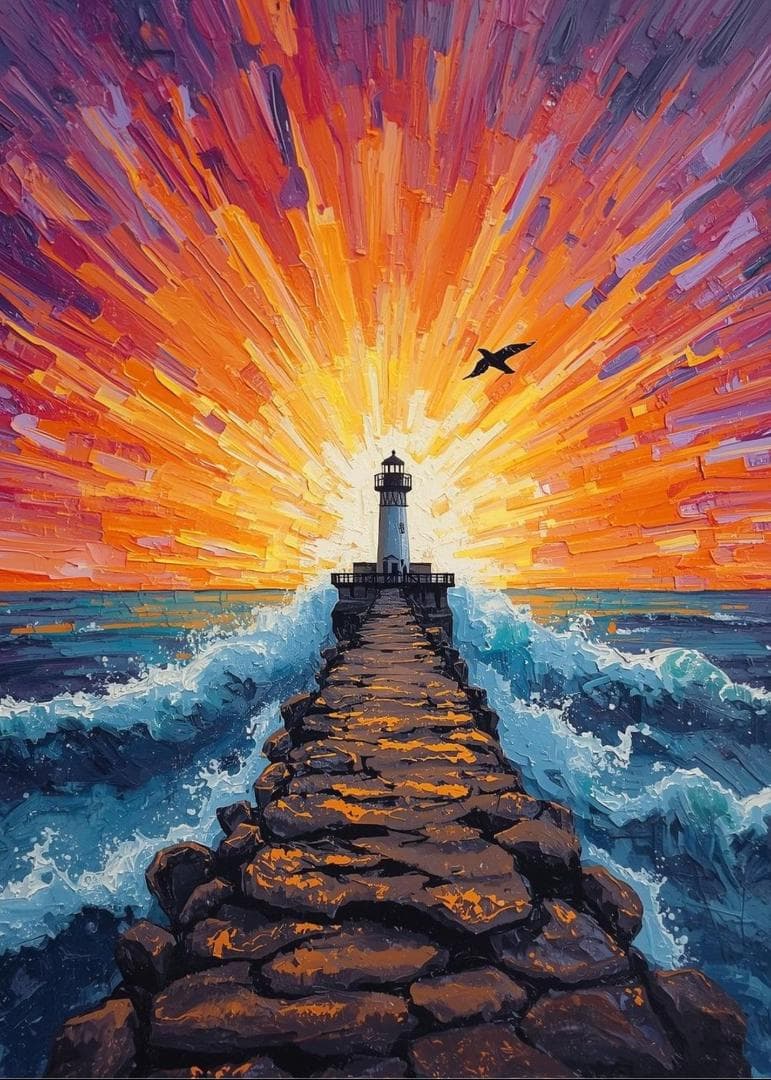 1975 劇的な夕焼けと灯台の海油絵風風景画アートポスター波打ち際絶景