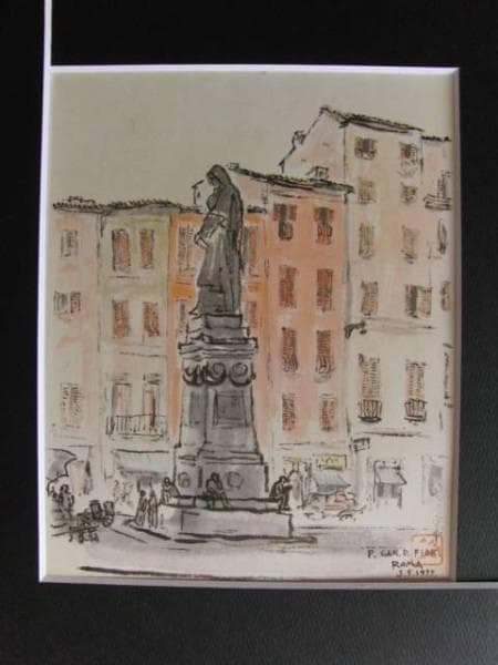 守屋多々志、カンポ・ディ・フィオーリ広場、希少画集画、額装付