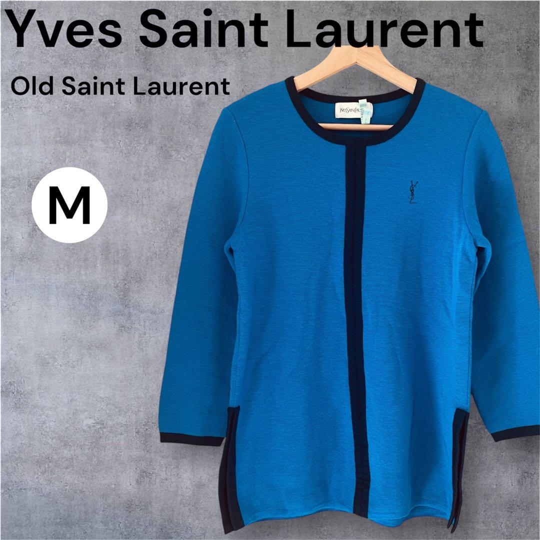 美品 80s-90s オールドサンローラン YSLロゴ刺繍 ニット M ブルー