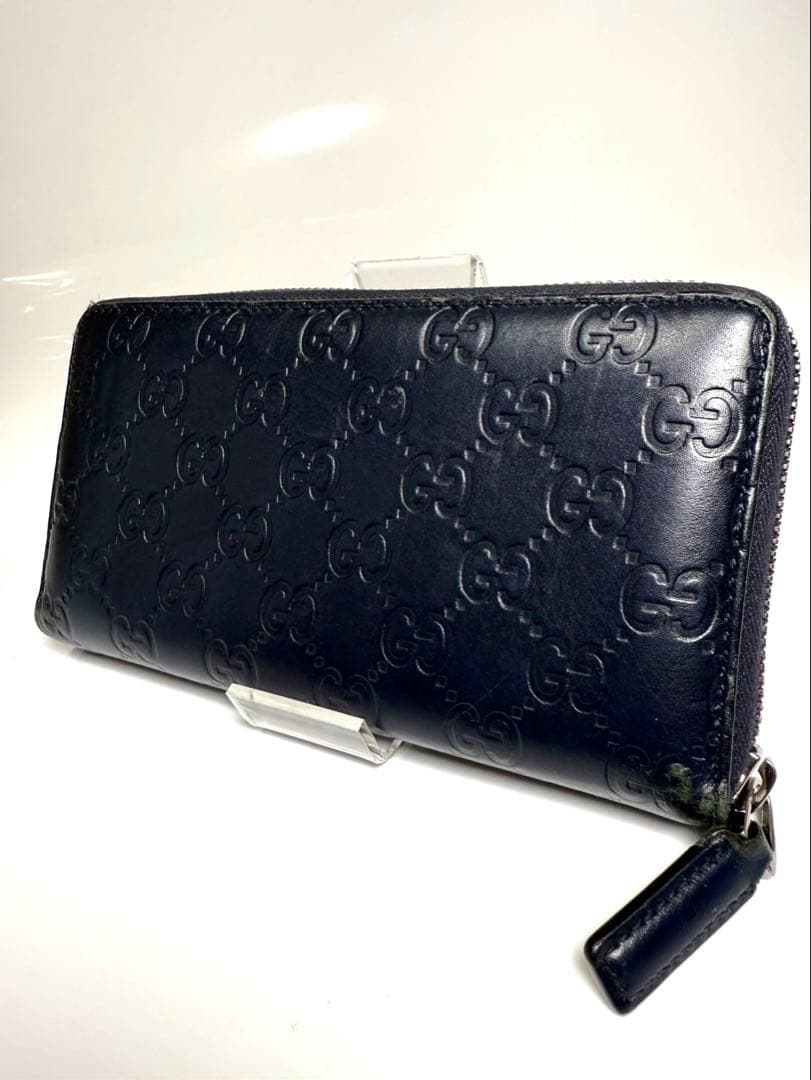 【美品】GUCCI GG シマ ラウンドファスナー　ネイビー人気のデザイン GUCCI グッチ シマ GG柄 ラウンドファスナー ジップ 長財布 ネイビー