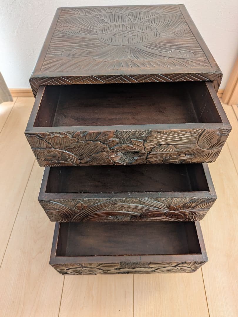 木製彫刻小物入れ 3引き出し 日光彫 軽井沢彫 伝統工芸 - メルカリ