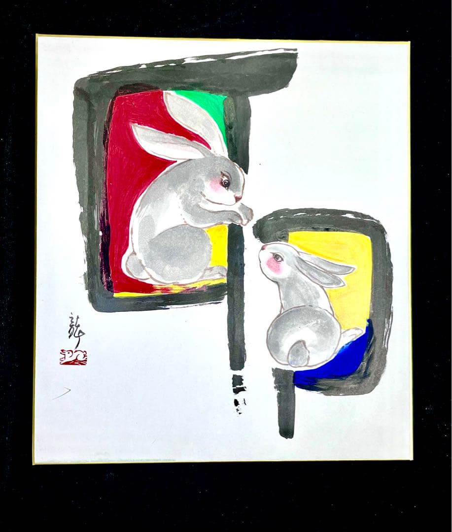 中国著名画家：李庚画伯の肉筆色紙作品（2枚）と芸大先生の肉筆色紙