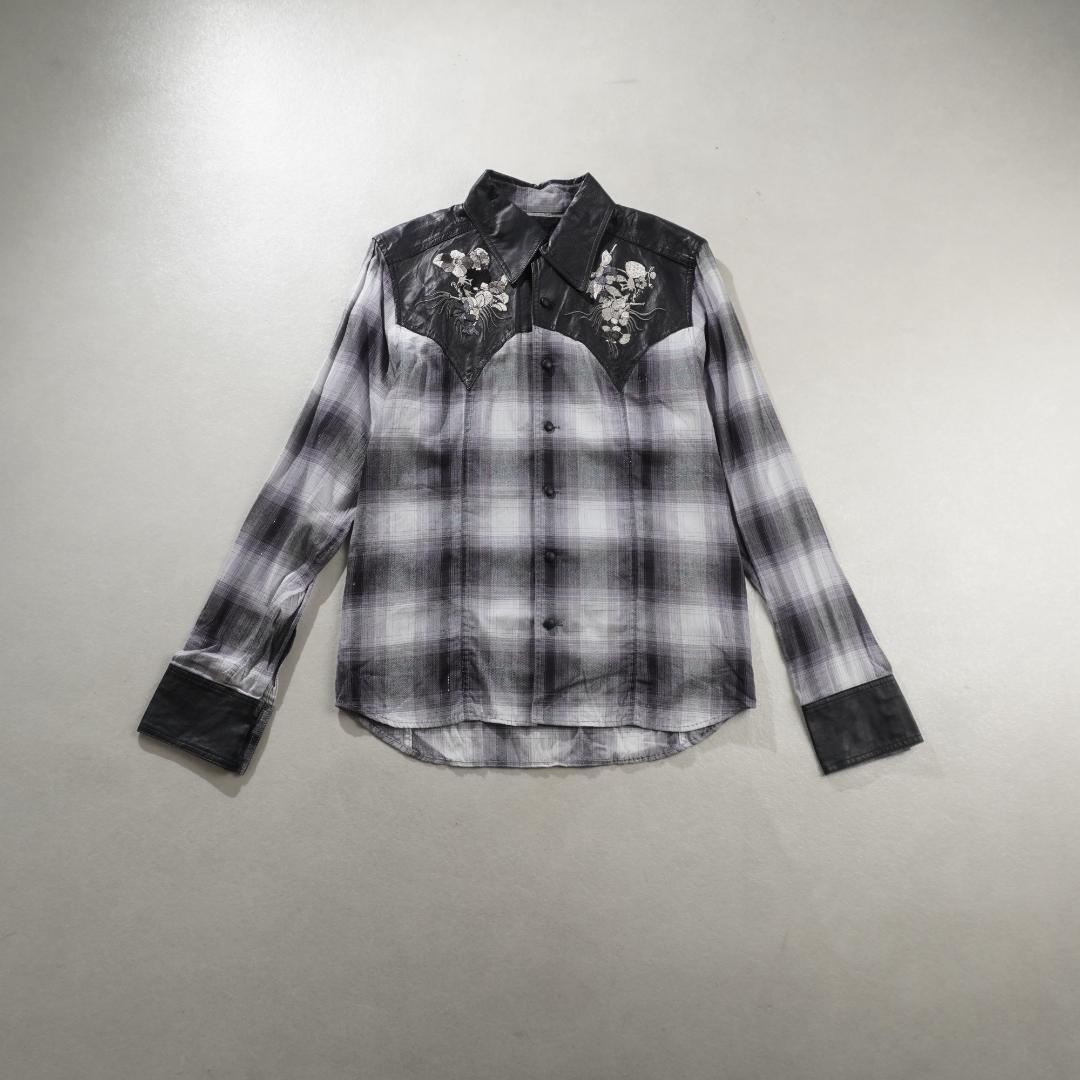 Roen チェック柄 鹿革レザー切替シャツ スカル刺繍 グレー/FZ52 - メルカリ