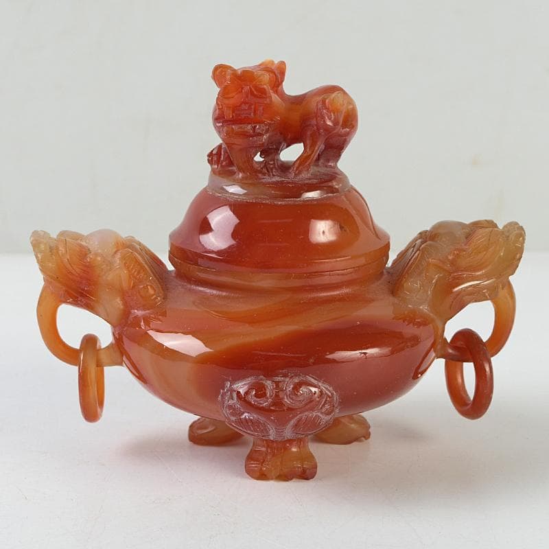 中国　赤瑪瑙彫刻　雙耳活環　獅子鈕蓋爐　香炉　D　R9079