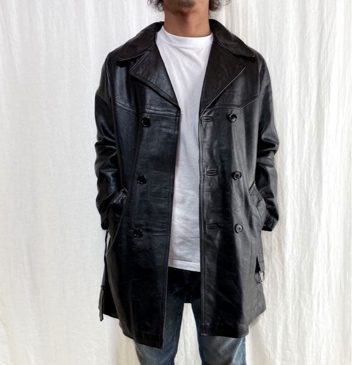 美品 60s フランスヴィンテージ ダブルブレスト レザーコート L カー