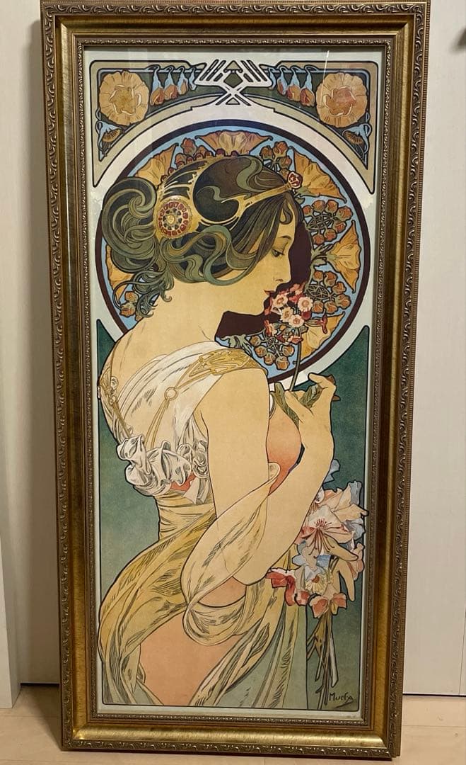 ミュシャ 桜草 豪華額装&大型 48cm x 100cm ミュシャ『桜草』 リトグラフ・送料無料・新品額装・UVカットアクリル