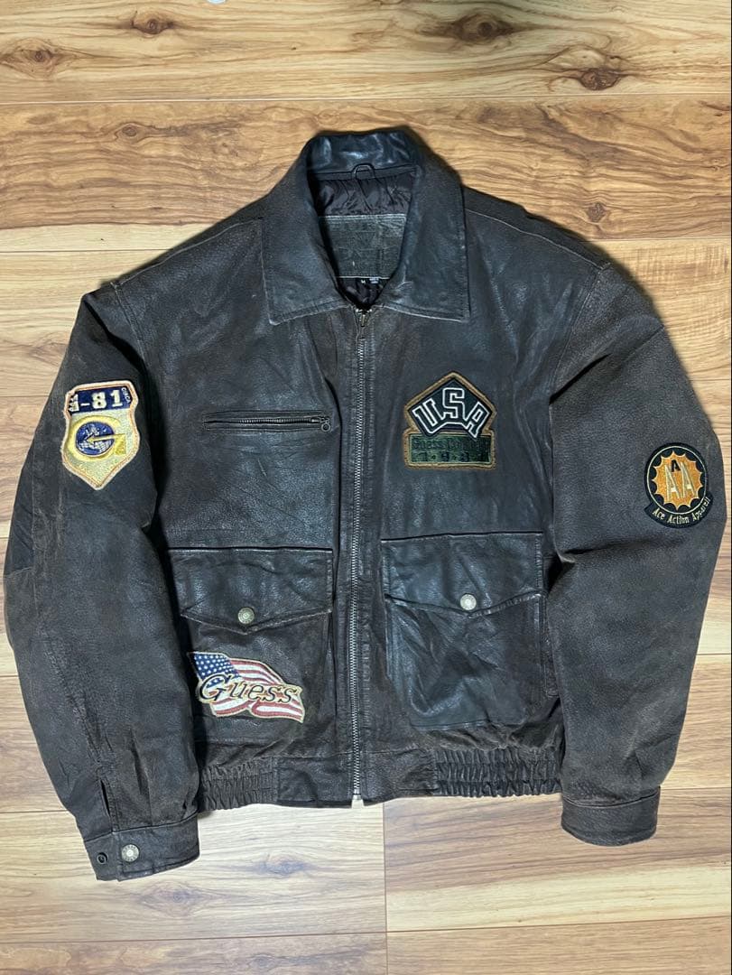 【希少】guess leather レザージャケット ヴィンテージ ワッペン