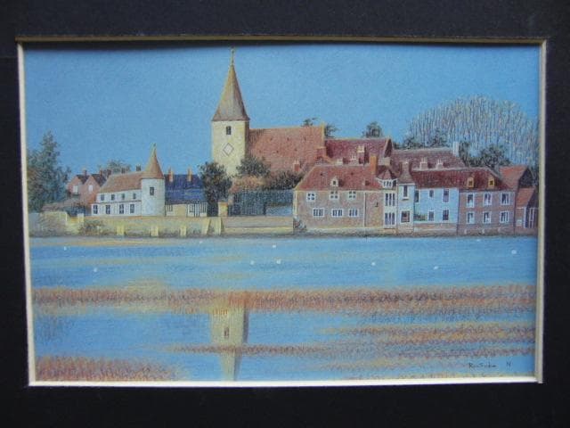 西村龍介、【水辺の村】、希少な画集画、新品高級額 額装付、状態良好