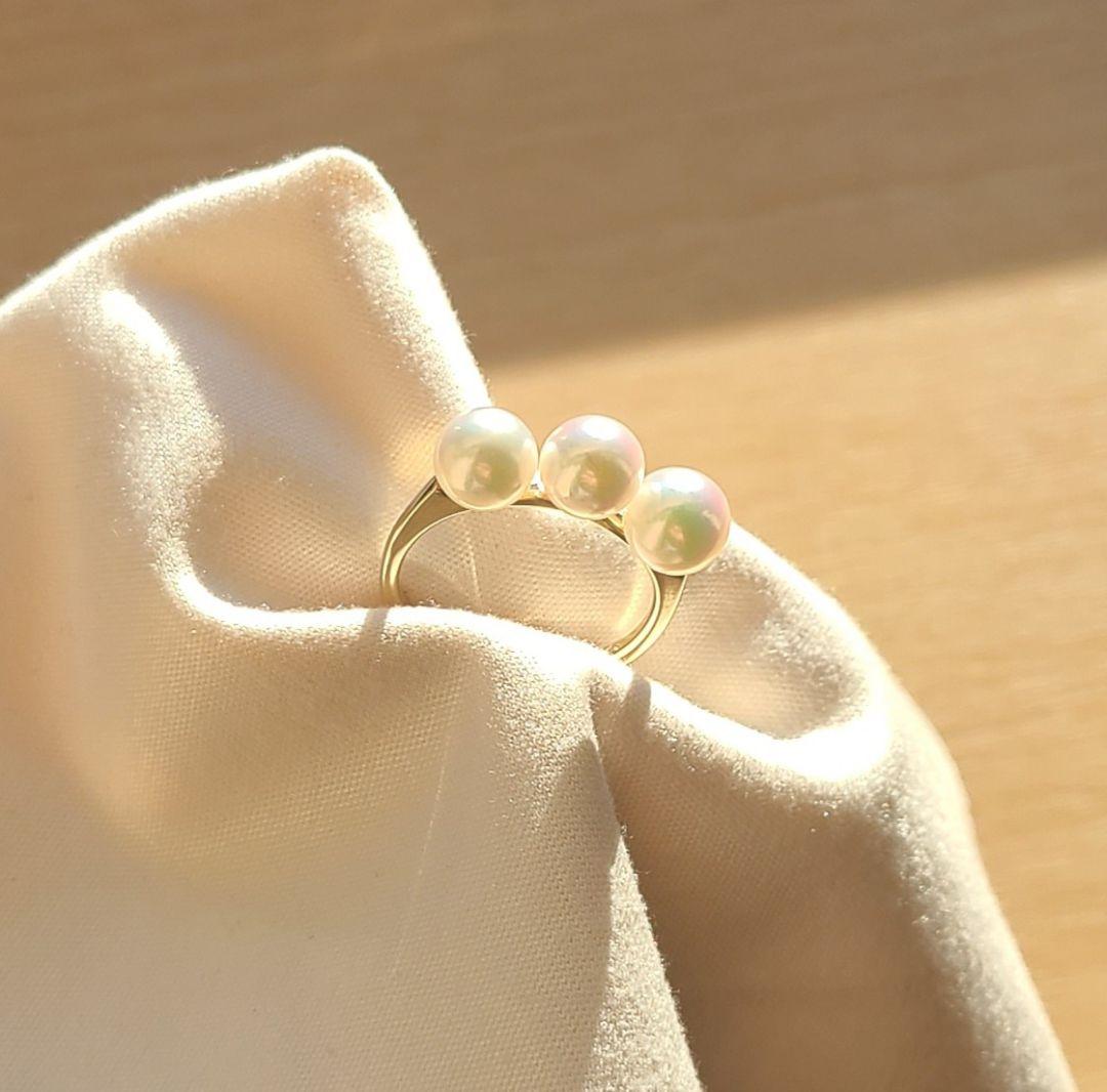 あこや真珠 K10 3連 パールリング 9号